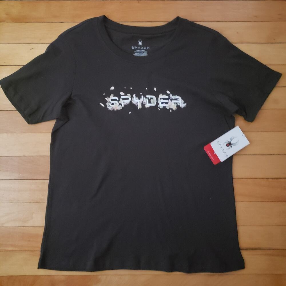 New Spyder Womens Med Graphic Logo T‑Shirt Black Floral Print Activewear Tee